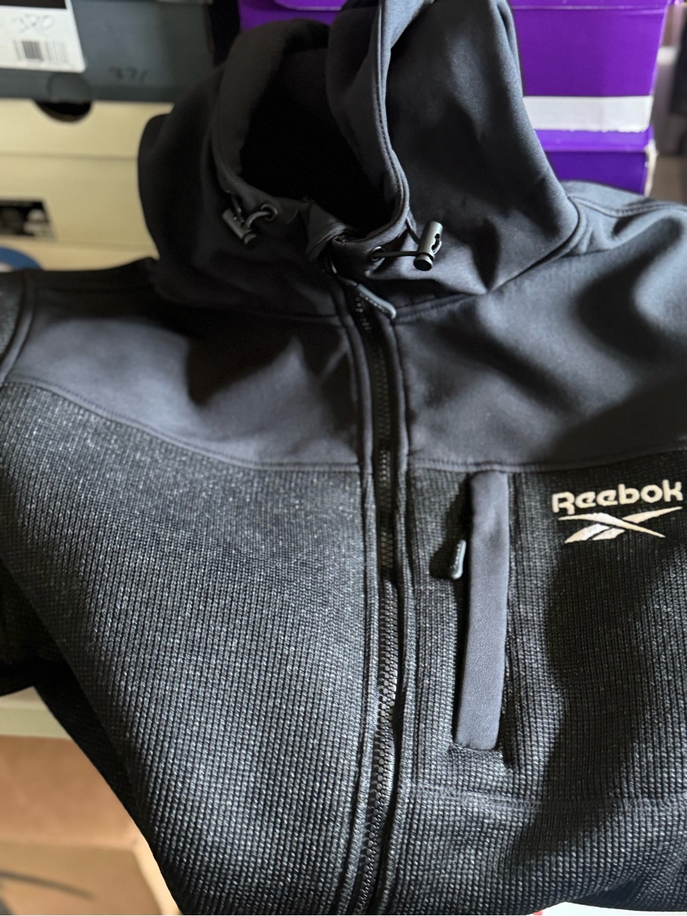 Reebok Men’s Black Hooded Zip-Up Jacket with Chest Pocket